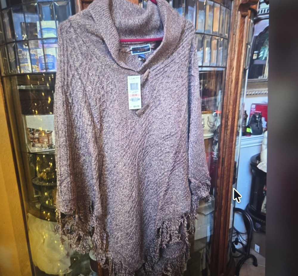 Karen Scott Brown Cable-Knit Shawl-Collar Fringe Poncho 3 Colors Available